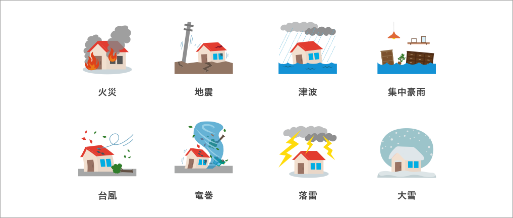 火災 地震 津波 集中豪雨 台風 竜巻 落雷 大雪